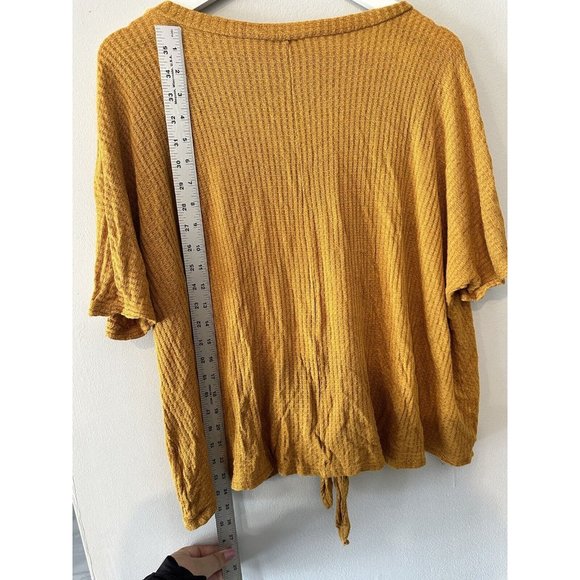 Avenue Size 18 / 20 Waffle Knit Blouse‎ Mustard Yellow  Button Down Tie Front - Picture 4 of 4